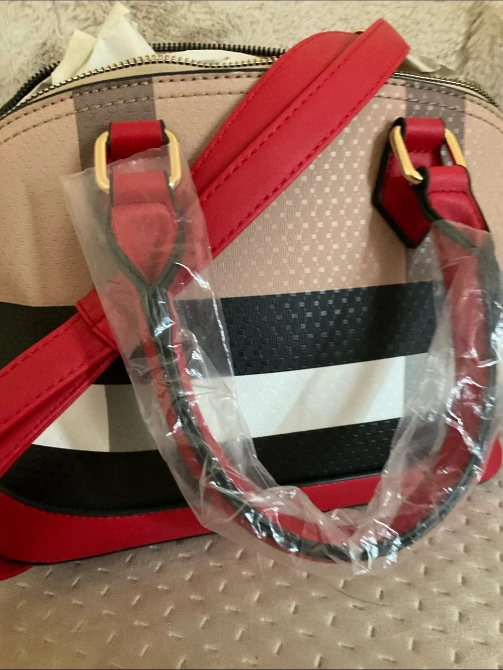 New Multi-Color block Women’s Satchel Bag with Red Accents